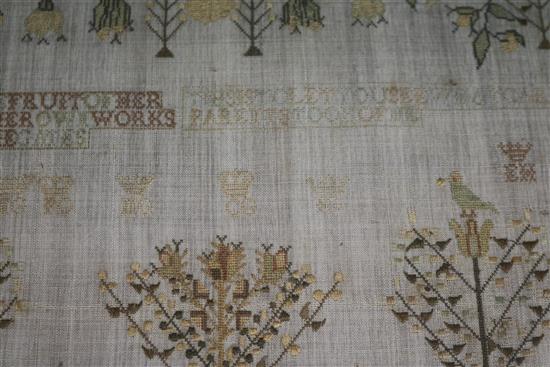 A George III needlework sampler, work with a country house, shrubs and birds, dated 1813